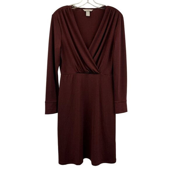 H&M Womens Long Sleeve A-Line Dress V-Neck Knee Length Maroon Size Small - Picture 1 of 9